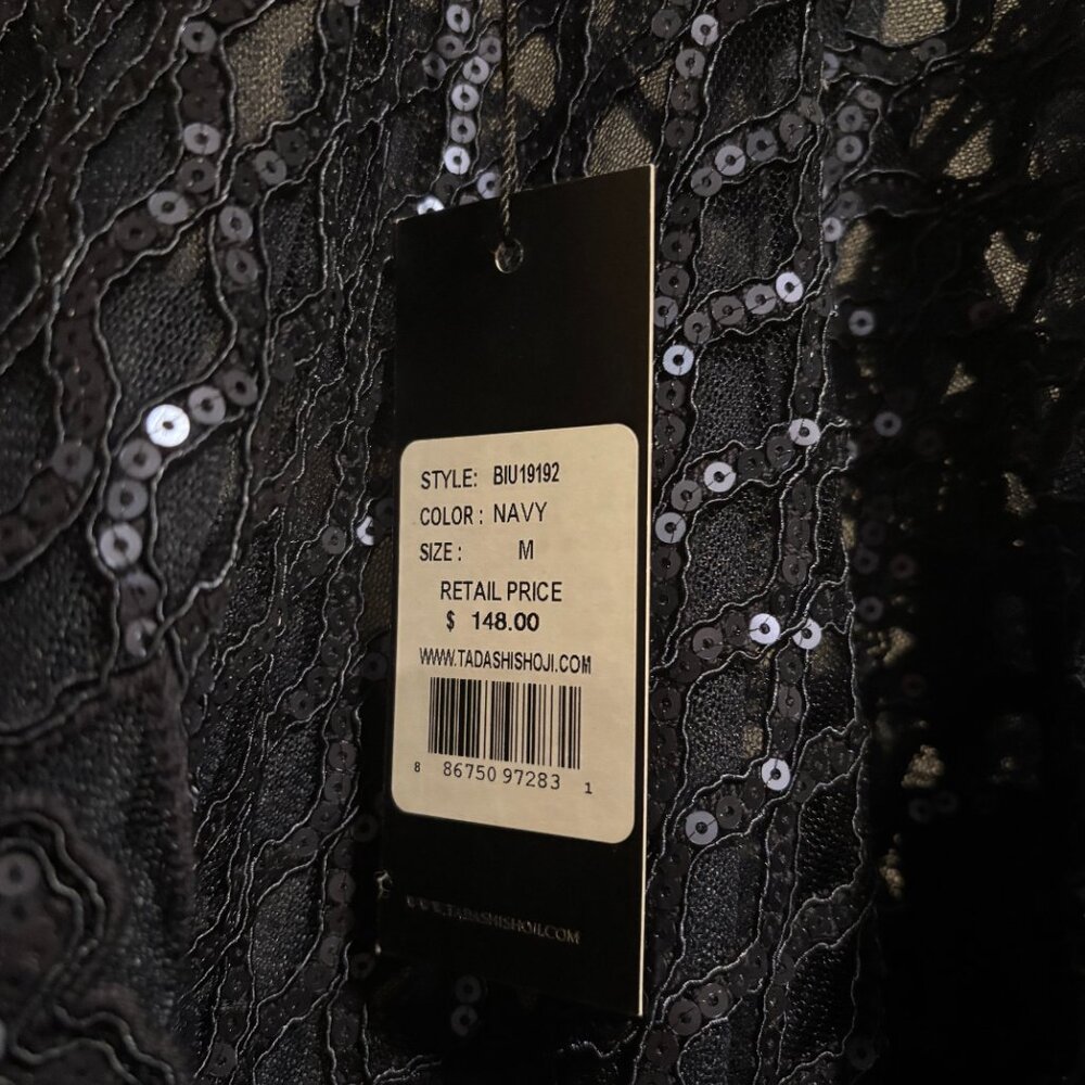 Tadashi Shoji Navy blue floral lace shimmering sequin Formal cover up/poncho - Picture 7 of 15